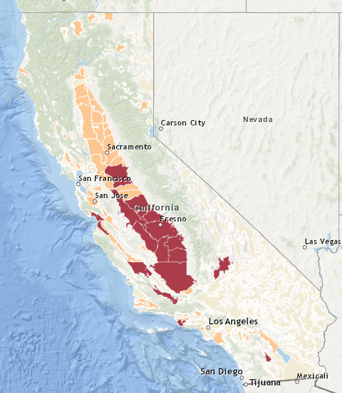 Figure 2. Location of critically overdrafted basins (red) and medium and high priority basins (>14 points, yellow) and very low/low priority basins (white) in California.
