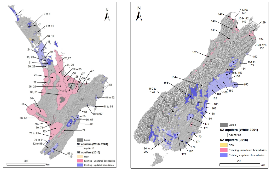Map of 200 aquifer systems in N Island (left) and S Island (right)