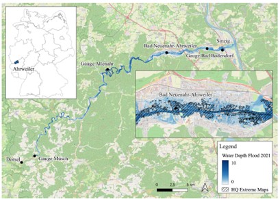 Study site along the Ahr with gauges, water depths of the 2021 flood and the HQ Extreme Maps data of 2018 for Bad Neuenahr-Ahrweiler.