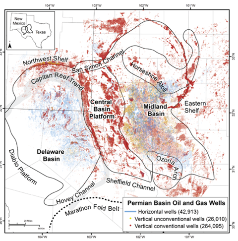 Distribution of oil and gas wells in the Permian Basin, which includes the Midland Basin in the east and the Delaware Basin in the west, separated by the Central Basin Platform.