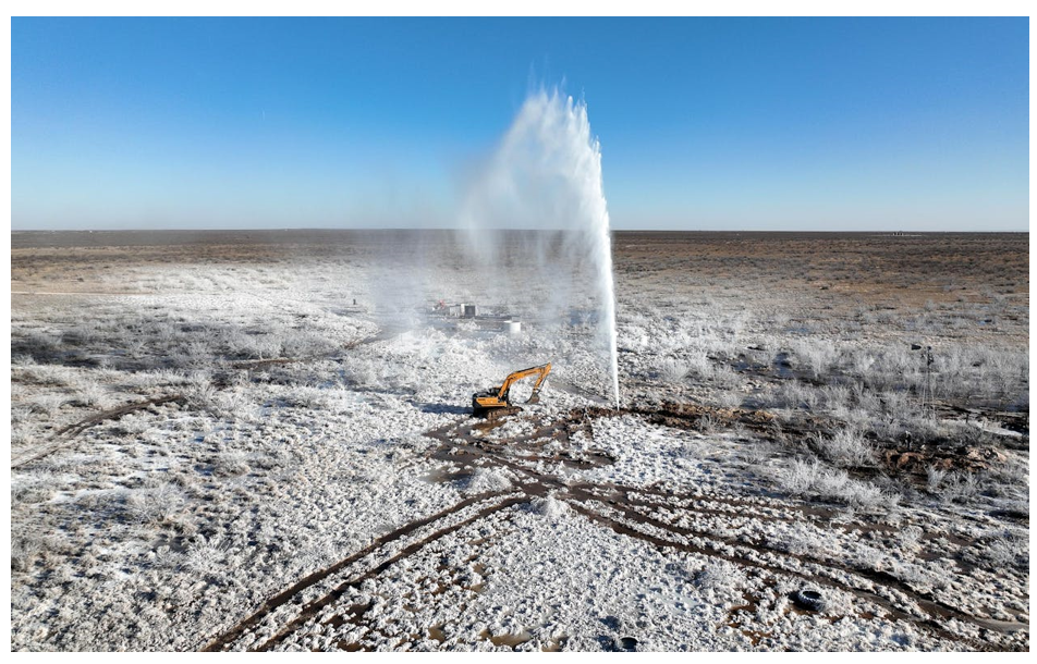 Briny water gushes up to 100 ft into the air from a former oil well in Crane County on New Year’s Day in 2022 (Gold, Texas Monthly, Jan. 2022).