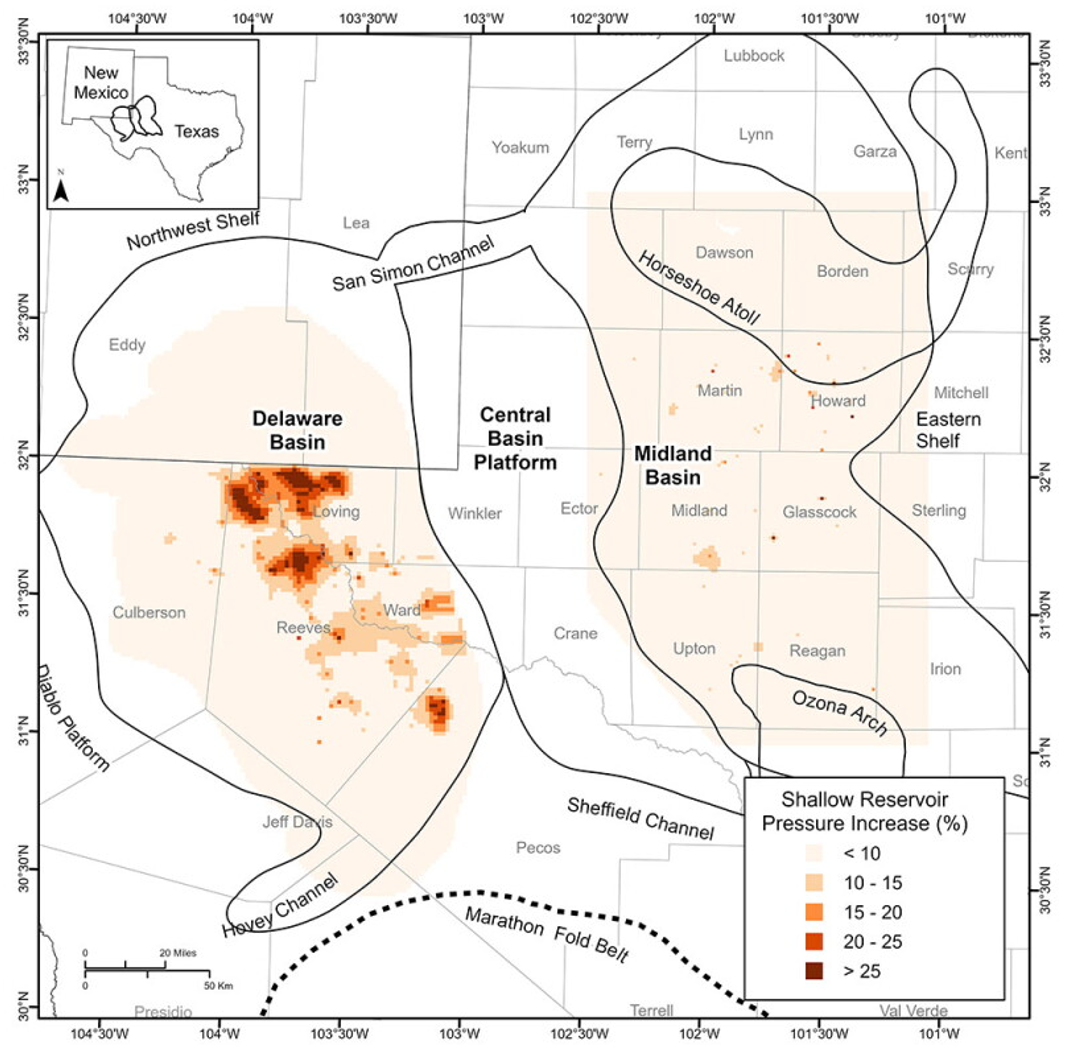 Pore pressure increase (%) in shallow reservoirs from 1983 to 2025, showing that in some areas of the Texas Delaware Basin, initial reservoir pressure has increased by 25% or more.