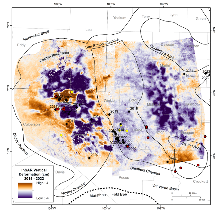 Surface deformation from InSAR reflects widespread subsidence from oil and gas production and uplift from areas of intense injection