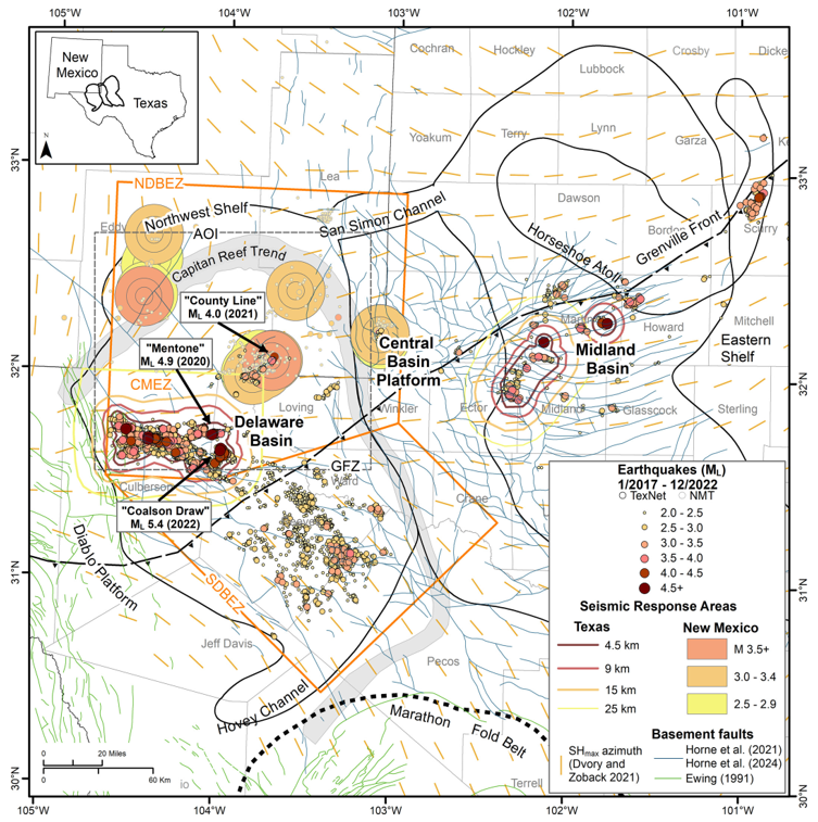 Permian Basin regional map showing earthquakes cataloged by TexNet and New Mexico Tech (NMT) and sized and shaded by magnitude