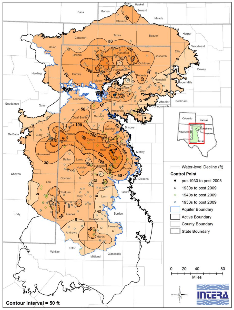 Estimated groundwater-level decline (ft) in the Ogallala Aquifer from pre-development to 2010.