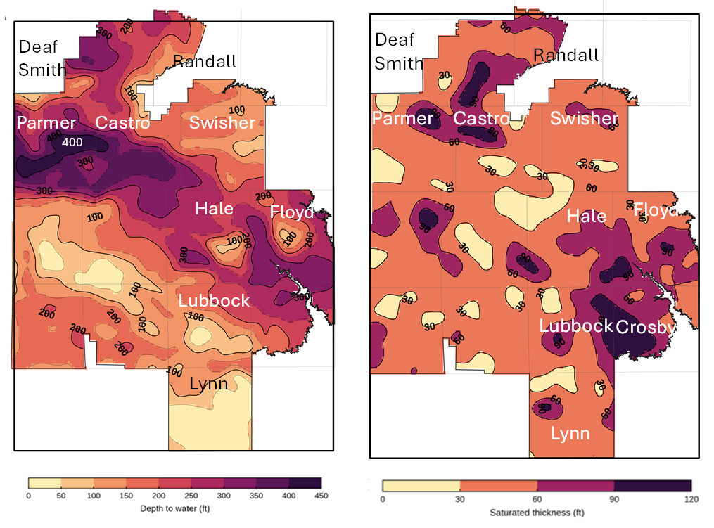 Depth to groundwater in 2026 on left hand side and remaining aquifer saturated thickness in 2025 for the High Plains Underground Water Conservation District