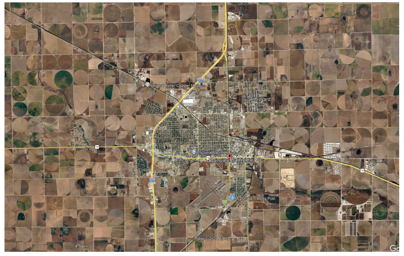 Many of the irrigation circles around Plainview show only portions of the circles being irrigated, which may be related to water shortages