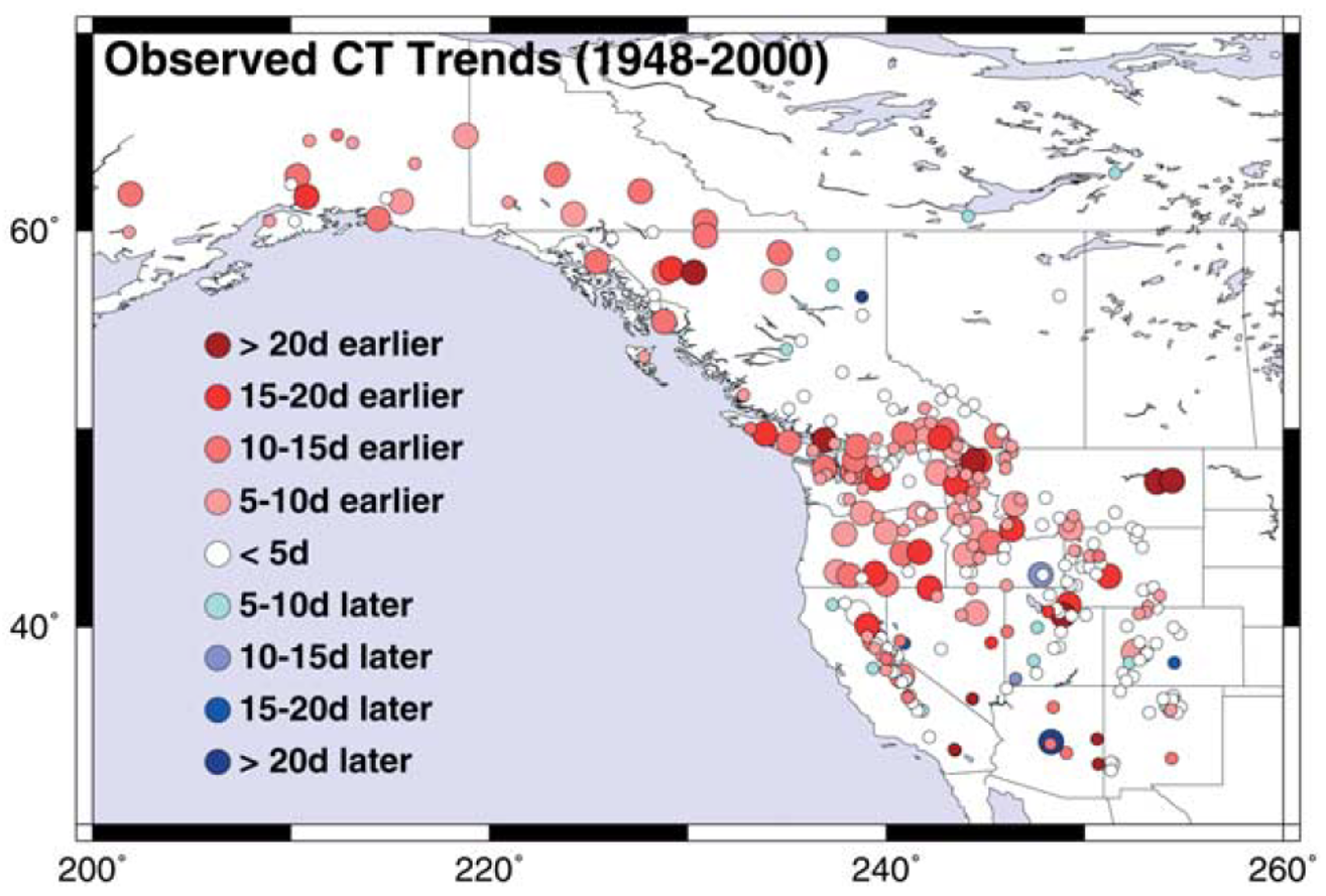 Observed changes in the timing (shift in days) of the center of mass of streamflow (CT) 1948 - 2000.