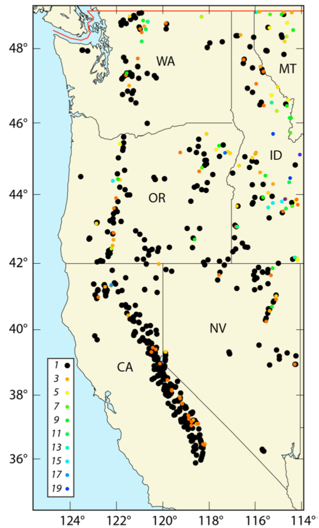 Figure 9.&nbsp;Locations of snow courses with data back to at least 1976 indicating the rank of 2015 against all available years, for 1 April SWE.