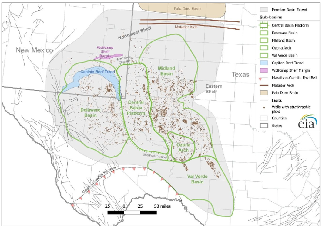 Major structural and tectonic features in the region of the Permian Basin. Source: U.S. Energy Information Administration, based on Enverus Inc. and the U.S. Geological Survey.