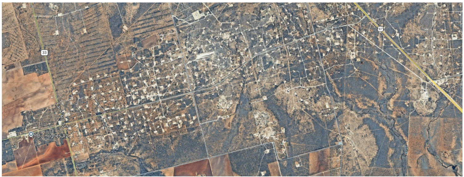 Google earth engine image of frac pads east of Midland Texas.