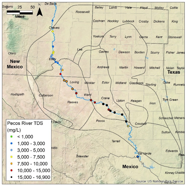 Figure 7. Variations in salinity of the Pecos River.