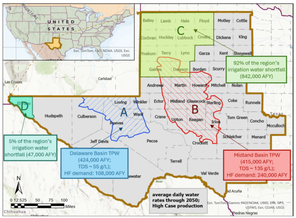 Figure 8. Overlay map of major irrigation shortfall through 2020 relative to the Permian Basin. Most of the shortfall is mostly north of the Midland Basin (Tx-PWC, 2024).