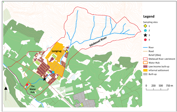 Figure 4. The Stiebeuel River catchment showing the Langrug informal settlement and downstream Water Hub where discharge from the settlement is treated using nature based solutions (Maraj, Winter, and Harrison, ES&T Water, 2024). 