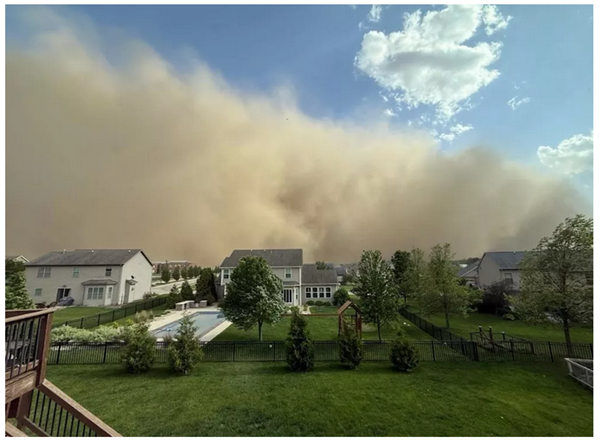 NOAA satellites tracked dust storms sweeping across the Midwest, as shown approaching Bloomington, Illinois in May 2025