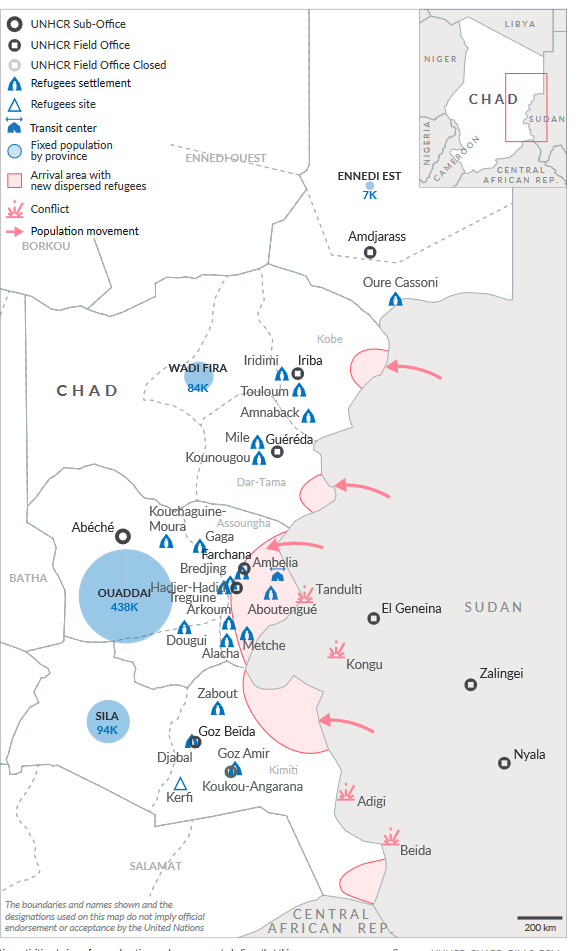 Map showing distribution of refugee camps in Eastern Chad.