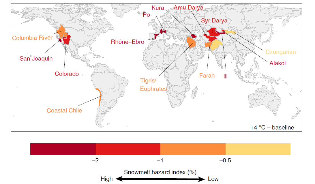 Basins at risk from changes in snowmelt under 4 °C warming