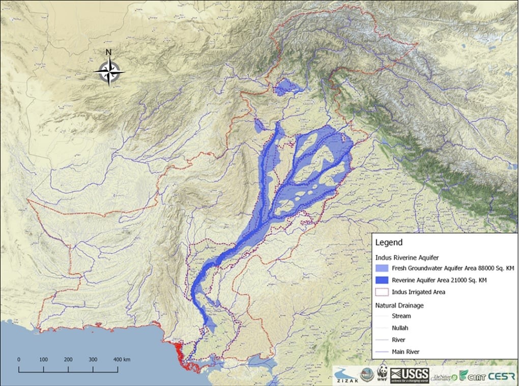 Freshwater aquifers in the Indus plains and riverine corridors