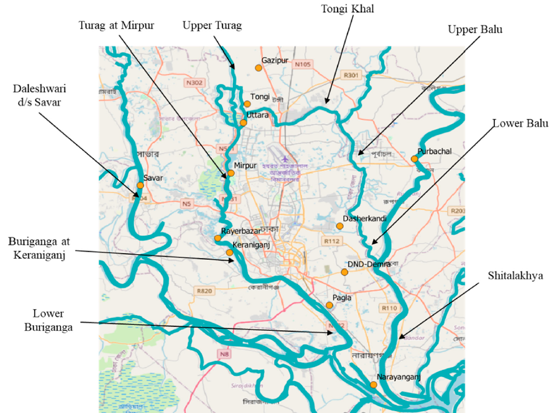 Location of existing and planned sewage treatment plants (orange circles) in Dhaka based on detailed hydrologic modeling