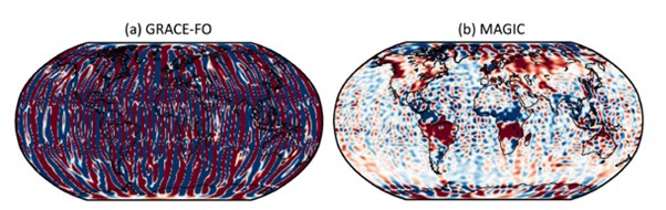 Gridded equivalent water height for a single exemplary 7-day solution, DDK5 filtered.