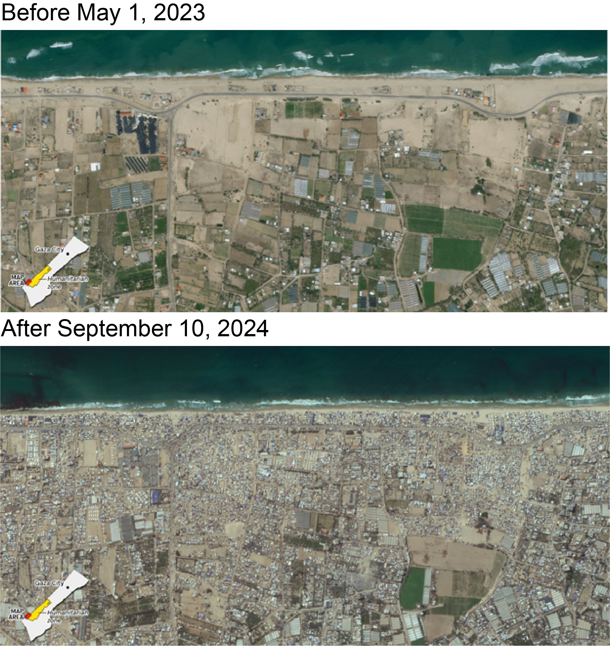 Planet Labs data showing crowding of refugee camps in the al-Mawasi humanitarian zone