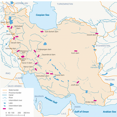 Map showing selected large dams in Iran.