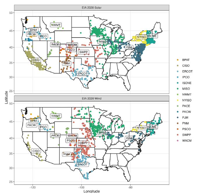 Wind and solar plant locations for each balancing authority (BA) in the CONUS that contains at least five wind and solar plants