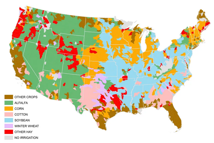 Map showing dominance of alfalfa in 57% of river basins in the western US