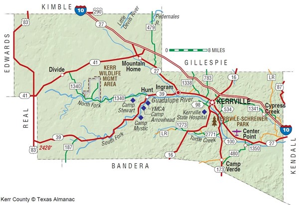 Figure 1. Map of Kerr County showing Guadalupe River, including South Fork and North Fork tributaries and important sites relative to July 4th flooding.
