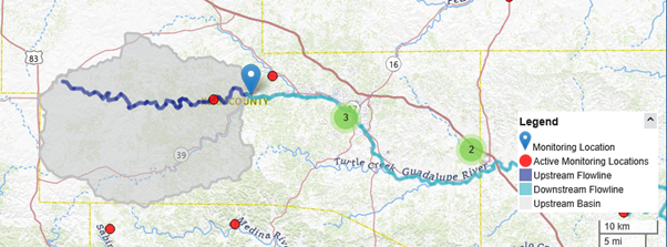 Figure 3a. Map showing location of USGS Hunt gage and related upstream watershed