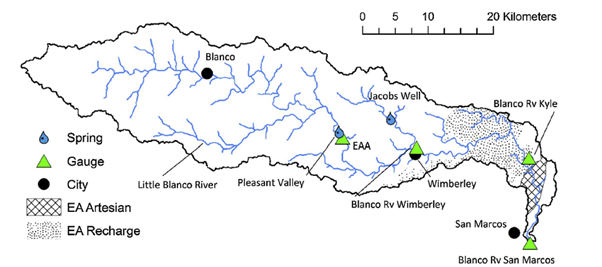 Figure 6. The Blanco River watershed and relevant tributaries related to the Wimberley flood in 2015 (Furl et al., JoH, 2018). 