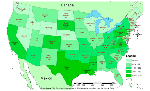 Flood fatalities in the CONUS (1959 – 2019) by state (Han and Sharif, Water, 2021).