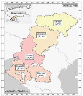 Percent of total winter wheat cropland in 2020 in various oblasts in Russia.