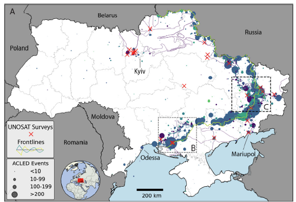 Armed Conflict Location and Event Data (ACLED) on ‘‘Remote violence’’ events at the settlement level in Ukraine