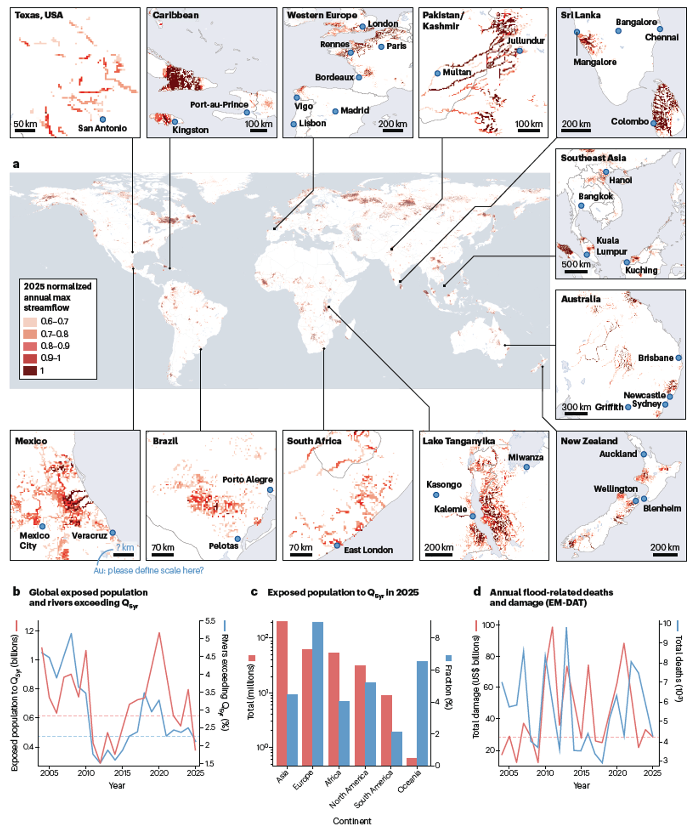 Global patterns of extreme river flow and exposure in 2025 