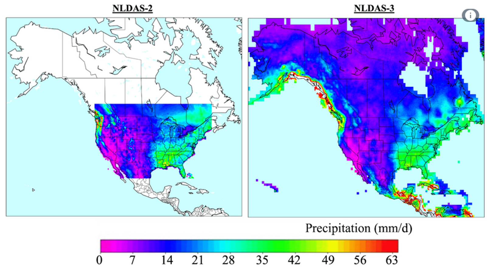 Spatial domain of NLDAS-2 (CONUS) vs. NLDAS-3 (N and Central America)