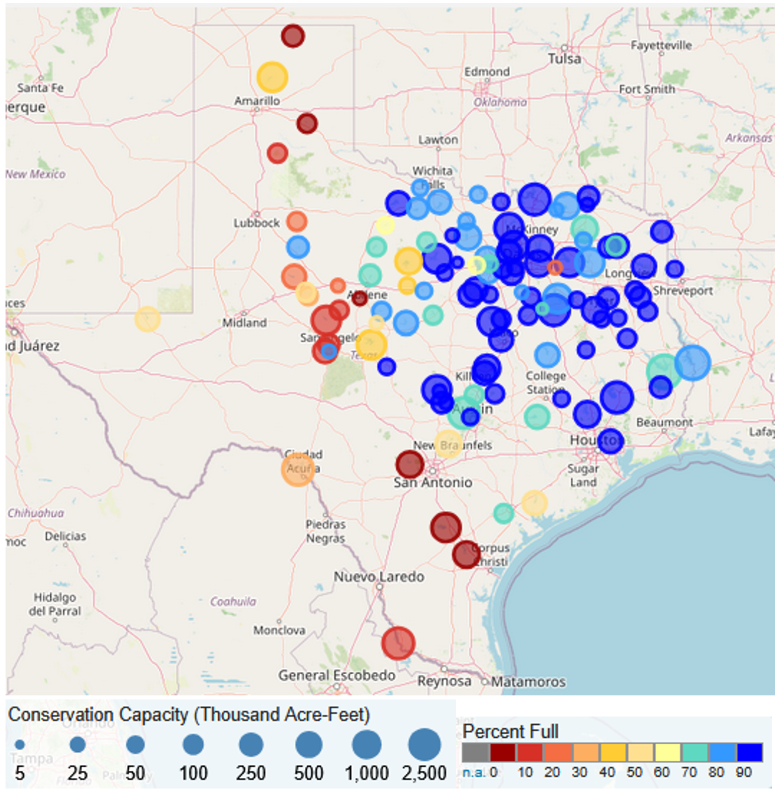 Distribution of reservoirs in Texas, showing highest density in east Texas with colors representing percent full and size of circles representing conservation capacity.