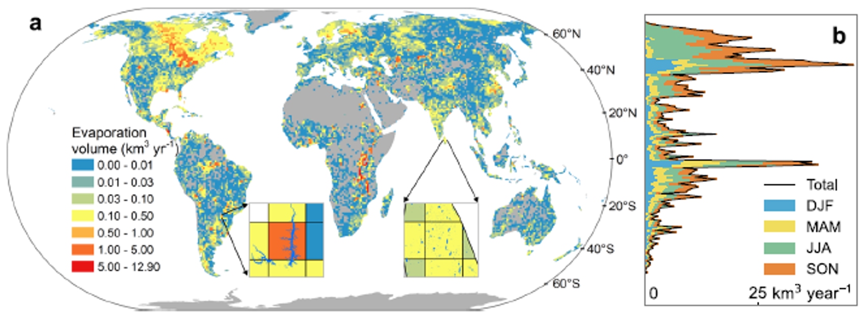 a. Gridded annual evaporation volume averaged over 1985–2018; b. latitudinal distribution and seasonal variability in VE