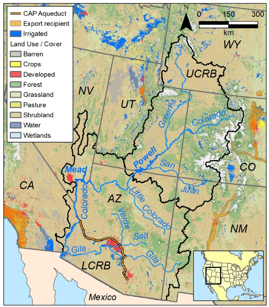 Outline of the Colorado River Basin, showing Upper and Lower Colorado basins (UCRB, LCRB) and land use