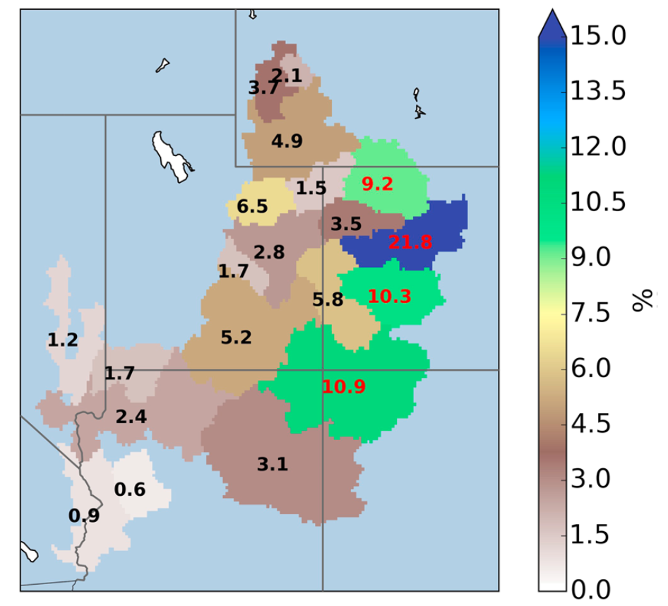 Percent of total CRB runoff (at Imperial Dam) originating from 20 subbasins, calculated based on long-term average from VIC simulation for water years 1971–2014