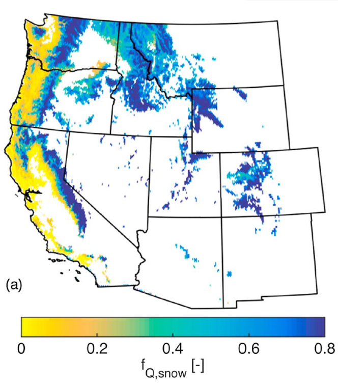 (a) Historical long-term average&nbsp;fQ&nbsp;, snow (snow derived Roff/total Roff); 25% of the area produces 90% of the total runoff across the western U.S.