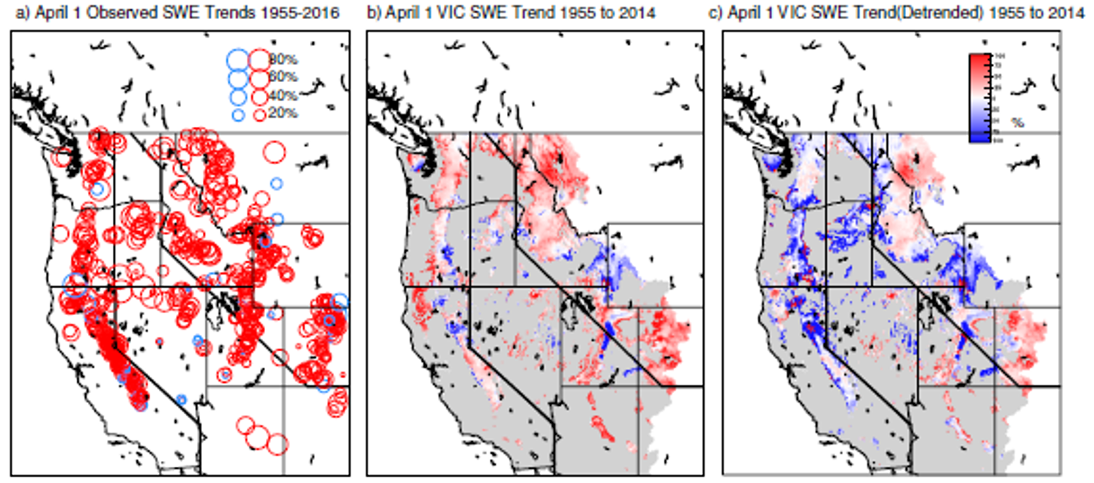 Linear trends in 1 Apr SWE relative to 1955: (a) at 699 snow course locations in the western United States for the period 1955–2016, with negative trends shown by red circles (92%) and positive by blue circles; (b) from the VIC simulation for 1955–2014 (78% of grid cells show declines)