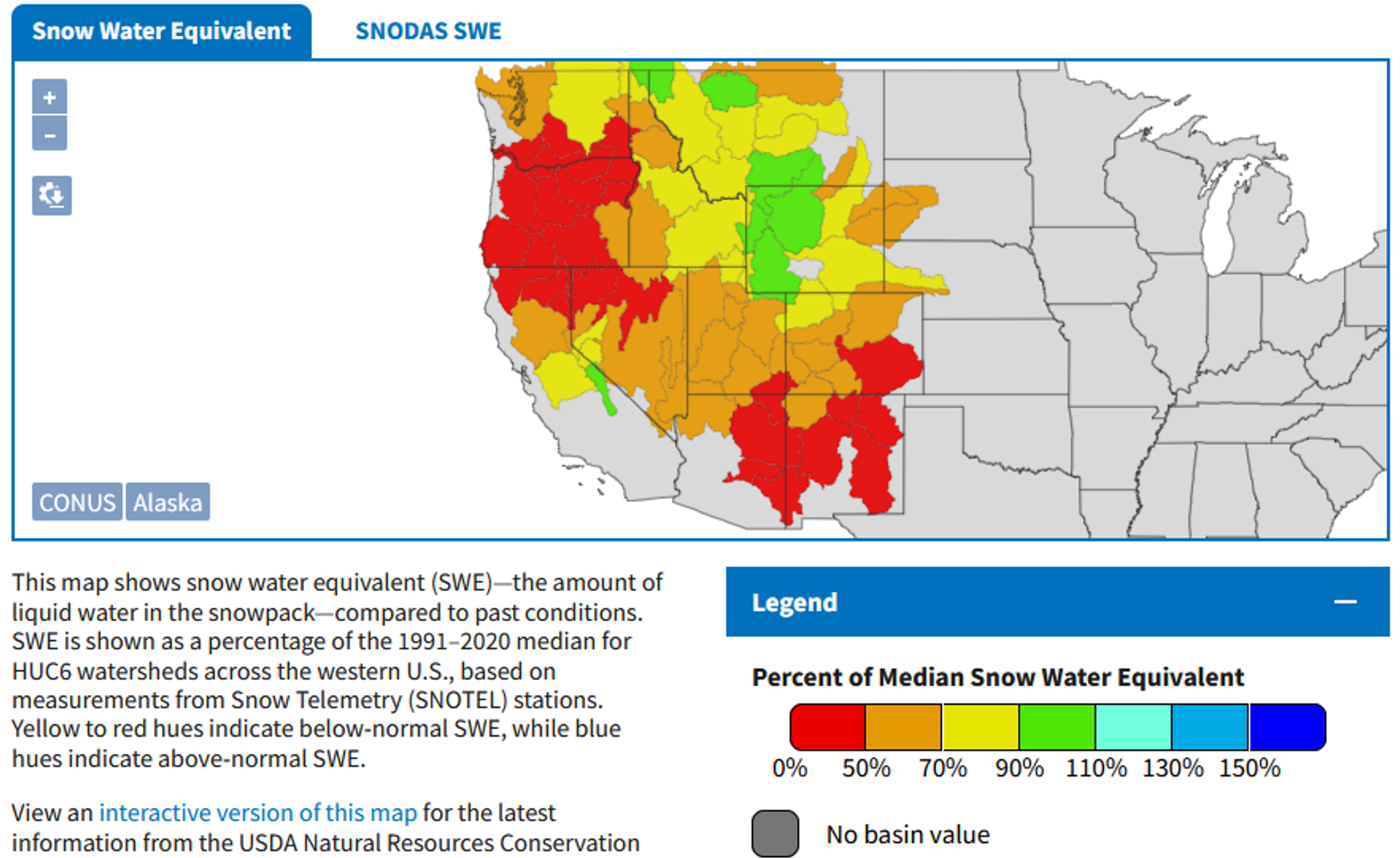This map shows snow water equivalent (SWE)—the amount of liquid water in the snowpack—compared to past conditions. 
