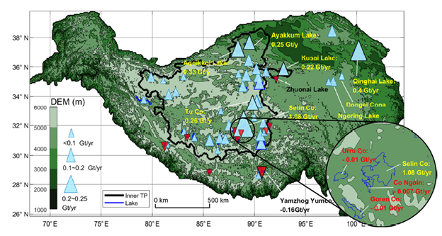 Spatial distribution of trends in lake storage on the TP during 2000–2017.