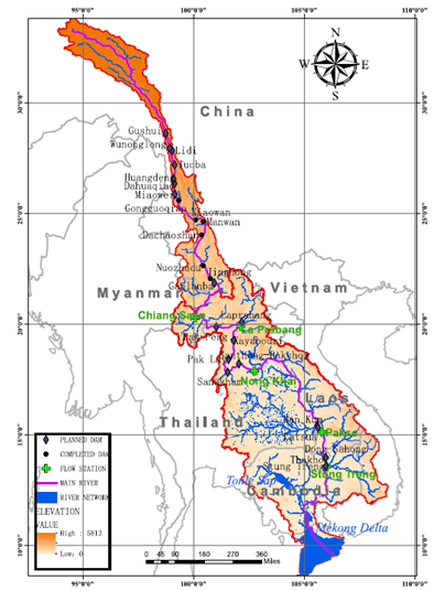 Location of the Mekong River Basin and six completed dams and 19 planned dams along the mainstem.
