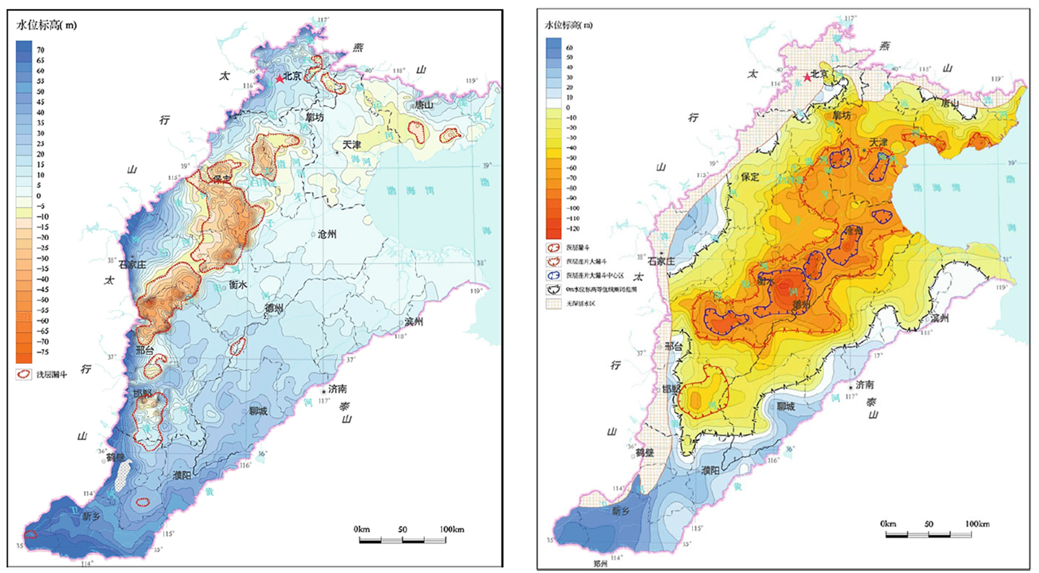 Observed groundwater levels in the North China Plain in 2019 in the shallow aquifer (left) and deep aquifer (right)