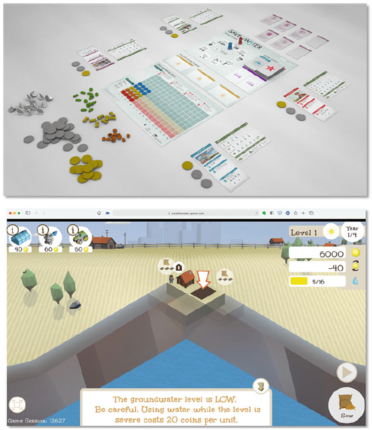 “Save the Water” (StW) board game (top) and user interface of the corresponding digital game