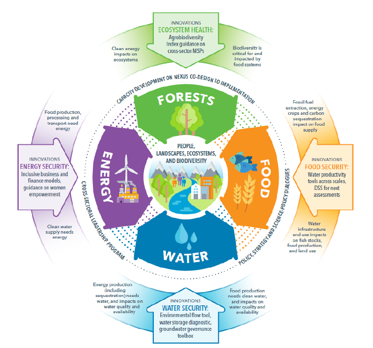 IFPRI Nexus Gains program showing interconnections among water, energy, food, and ecosystems